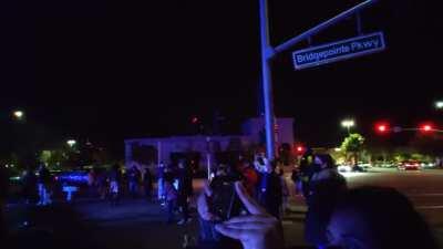 The PlayStation office in Foster City lit up for the PS5 release