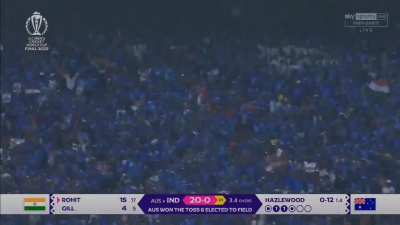 Rohit Sharma stepping out and charging against Josh Hazelwood in WC FINAL