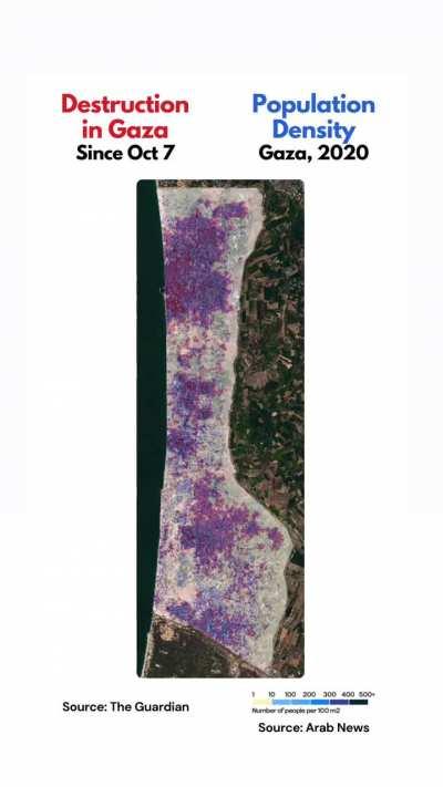 The map on the left, by The Guardian, shows the scale of destruction caused by Israeli bombing in Gaza. On the right is a map of Gaza’s population density.