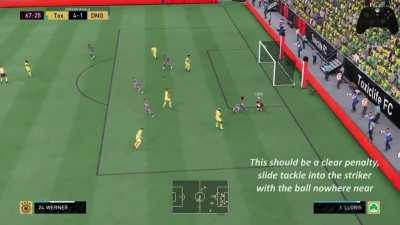 How is this not a penalty? Opponent slide tackles and brings down my striker with the ball being nowhere near