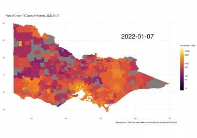 Active Cases per 100k Population in Victoria (animated from Dec 2021 to 18 Jan)