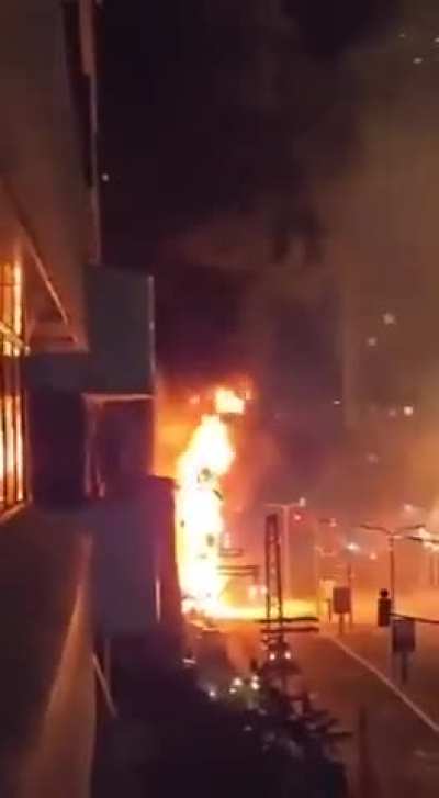 Fire after rocket attack in Tel Aviv's financial district.