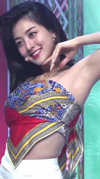 Jihyo - blue & red top, white pants, alcohol free performance