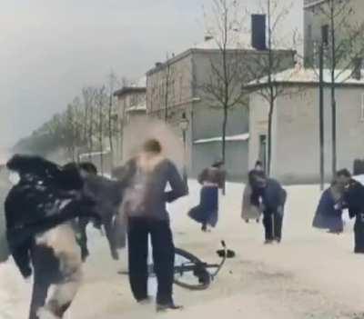 Snowfight (1897) colorized. You think youtube pranksters go far, look at what they do to my guy on bicycle