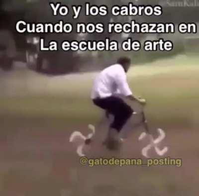 It says: me and the boys when we get kicked out of art school