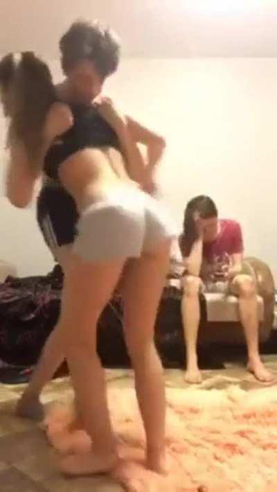 She went for his shorts first, but ended up getting wedgied and pantsed.