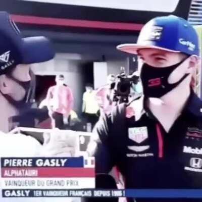 Max congratulating Pierre after his race win!