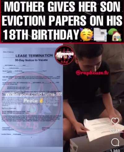 Mom gives her son eviction papers for his 18th birthday present