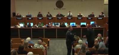 July 15, 2025 (Costa Mesa, California): A group of MAGA supporters caused a ruckus during a City Council meeting and were escorted out (LOUD SHOUTING)