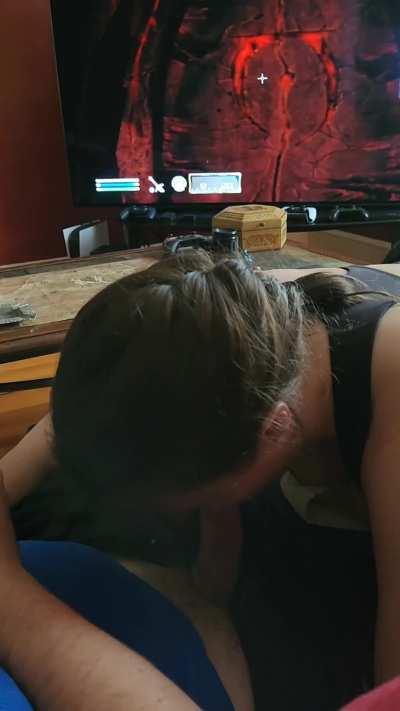 I finish Daddy with my sloppy throat while he plays Oblivion