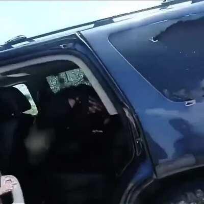 Mexican Army chased down armed gun men belonging to the Gulf Cartel in an armored SUV. After the gun men surrendered, soldiers disarmed them and provide first aid to those who are wounded. Matamoros, Tamaulipas. July 2018