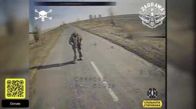 An FPV drone of Flying Skull operators hit a Russian soldier with bandages on his head in the Pokrovsky direction. February 2025.