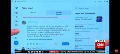 Jornalista Daniela Lima mostra ao vivo que foi impedida pelo Twitter de relatar a discussão sobre PL2630 em sua conta pessoal.