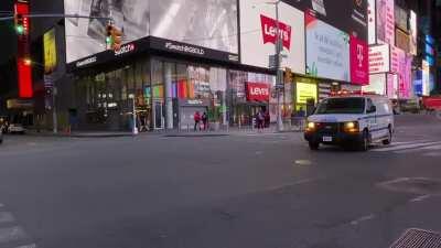 Dozens of NYPD on bikes and a van just went through Times Square towards downtown