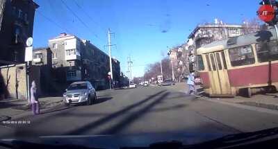 In Kharkov, on Vesnina Street, a tram on route 26 derailed and hit a pedestrian into the road.