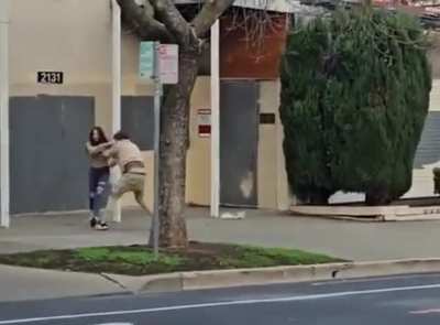 Man repeatedly tries to tackle woman - she stops him with sprawls and kicks