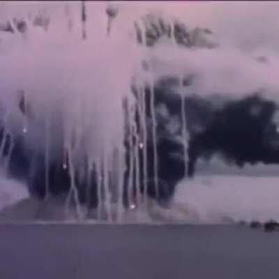 The exact moment the transport ship SS John Burke was hit by a kamikaze attack. December, 1944.