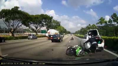 Speeding Biker Rear Ends Stopped Vehicle in the Fast Lane & Flies Through the Air ! both survived (airtime visible at around 0:36) NSFL