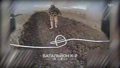 Ukrainian FPV from K-2 Battalion mock charges a Russian soldier several times before finally exploding