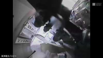 Flying car collides with bus. Car driver dead, no fatalities on the bus but 39 injured.