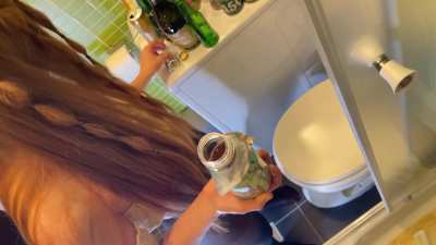 Lya (in no panties thin pantyhose) and I tried on some drinks on my cock in combination of handjob which she loves but she was too busy with all the drinks we had to spill on my cock and feel the vibe when stroking with them (OC)