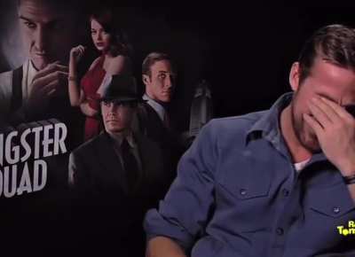 Ryan Gosling reacting to dish towels with his face on it.