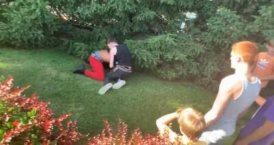 Two Seniors fighting at some school Event idk where and who won