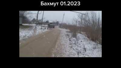 Ukrainian troops supported by a Humvee engaging a Russian position in the outskirts of Bakhmut