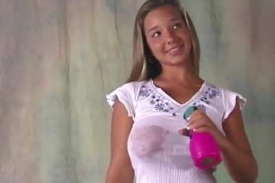 Christina Model - Wet white shirt with flowers (take off) 