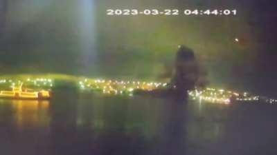 A video of this early morning's attack of a sea drone in the bay of Sevastopol, the temporarily occupied Crimea