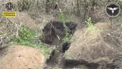 47th Strike Drone Company hits 3 Russians in a pit with an FPV drone