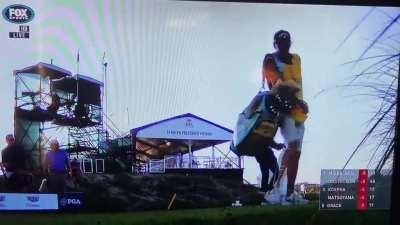 Don’t be this guy on the course. Hit the 2 guys behind him with tee marker shrapnel