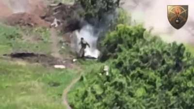 Russian soldiers hit by a near direct artillery strike, become discombobulated. Performed by 92nd Mechanized Brigade