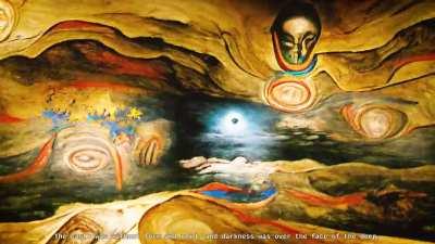 I had a neural network hallucinate over the Bible - the text is the input to generate the visuals, and the audio is a mix between text to speech and autoencoder-based processing of gregorian chants