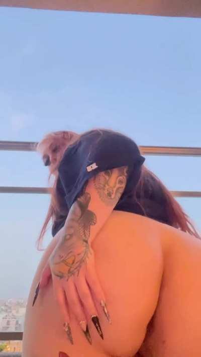 Naked on my balcony. Would you fuck me if I was your neighbor? Yes or no? 😈