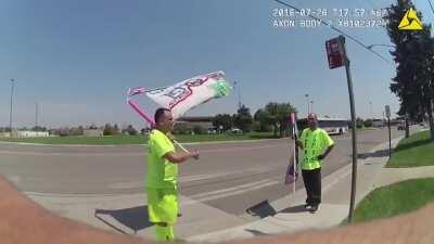 Police officer attempts to chase down and falsely arrest a police brutality protestor in Colorado. Superior officer steps in to discipline his subordinate.
