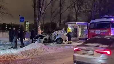 Man kills pedestrian and wraps around pole, driver and passenger are hospitalized