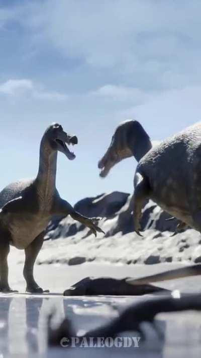 Two Baryonyx fight over a baby Iguanodon carcass. by PaleoGDY