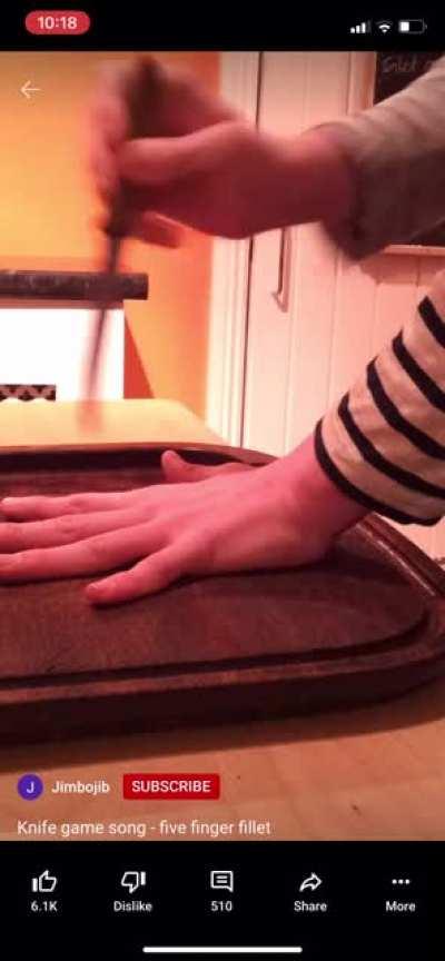 Knife game with real knife. His channel is on screen go subscribe