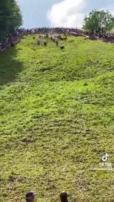 Woman got injured during a cheese roll race in coopers hill, Gloucester 