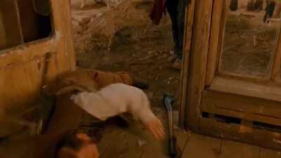 In Gangs of New York (2002), you can see the foam rubber meat cleaver bounce off of Monks’ back and land on the gound behind him.