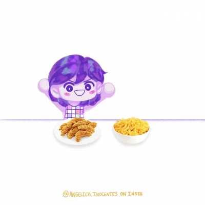 Kel enjoys Macaroni with the chicken strips