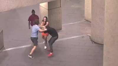 Man defends himself against two people who were looking for a fight.