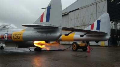 Vintage DeHavilland Vampire Spits Fire! Sadly the airport where this is based is under threat of redevelopment despite strong opposition.