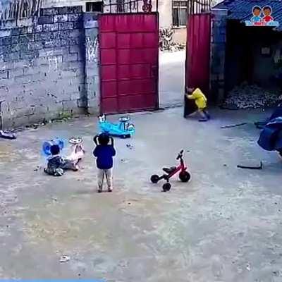 A future knight in shining armor protecting his little sisters.