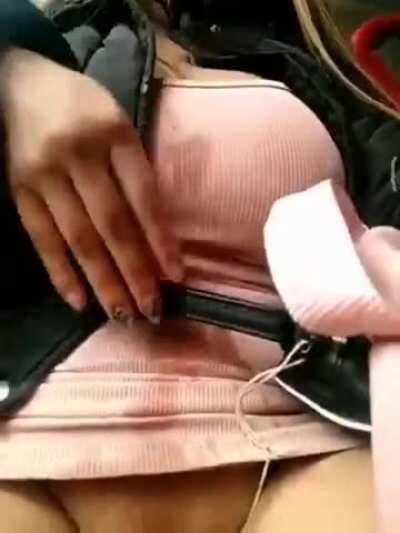 Hot girl fingering her pussy in the bus