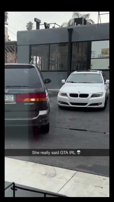 little girl drives into store with parents car