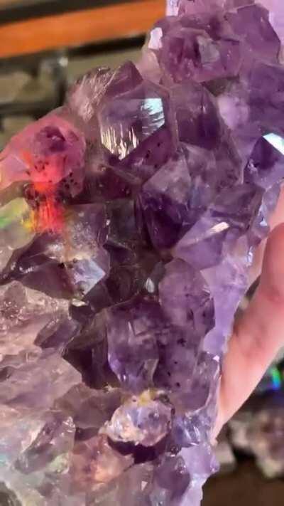 Do you ever just appreciate the way a crystal takes on light? Here, a gorgeous amethyst cluster interacts with a rainbow!