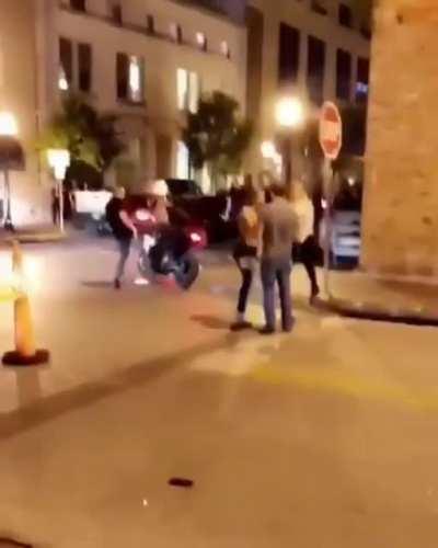 Biker throws 2 clean knockouts on assholes