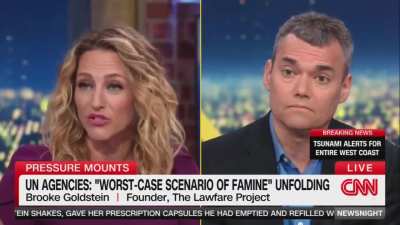 CNN platforms pro-Israel extremist Brooke Goldstein, who denies that Palestinians exist as a people and is the director of the 'Lawfare Project'. Goldstein attempts to reiterate hasbara blaming Hamas & the UN for the starvation, but fails when host Ab